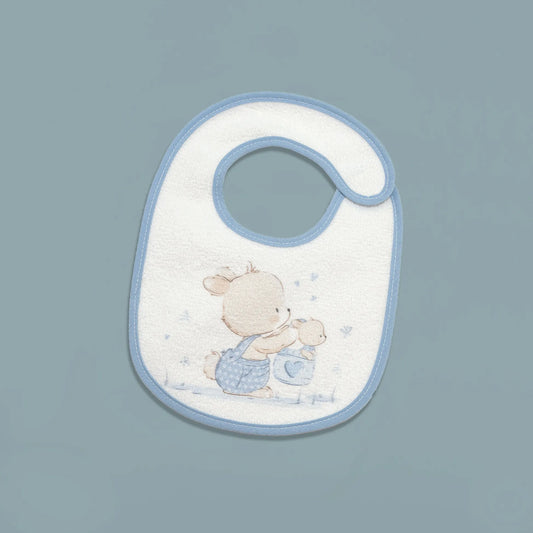 Babete impermeável com motivo coelhinho na cesta azul