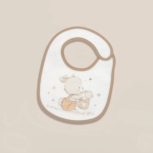 Babete impermeável com motivo coelhinho na cesta bege