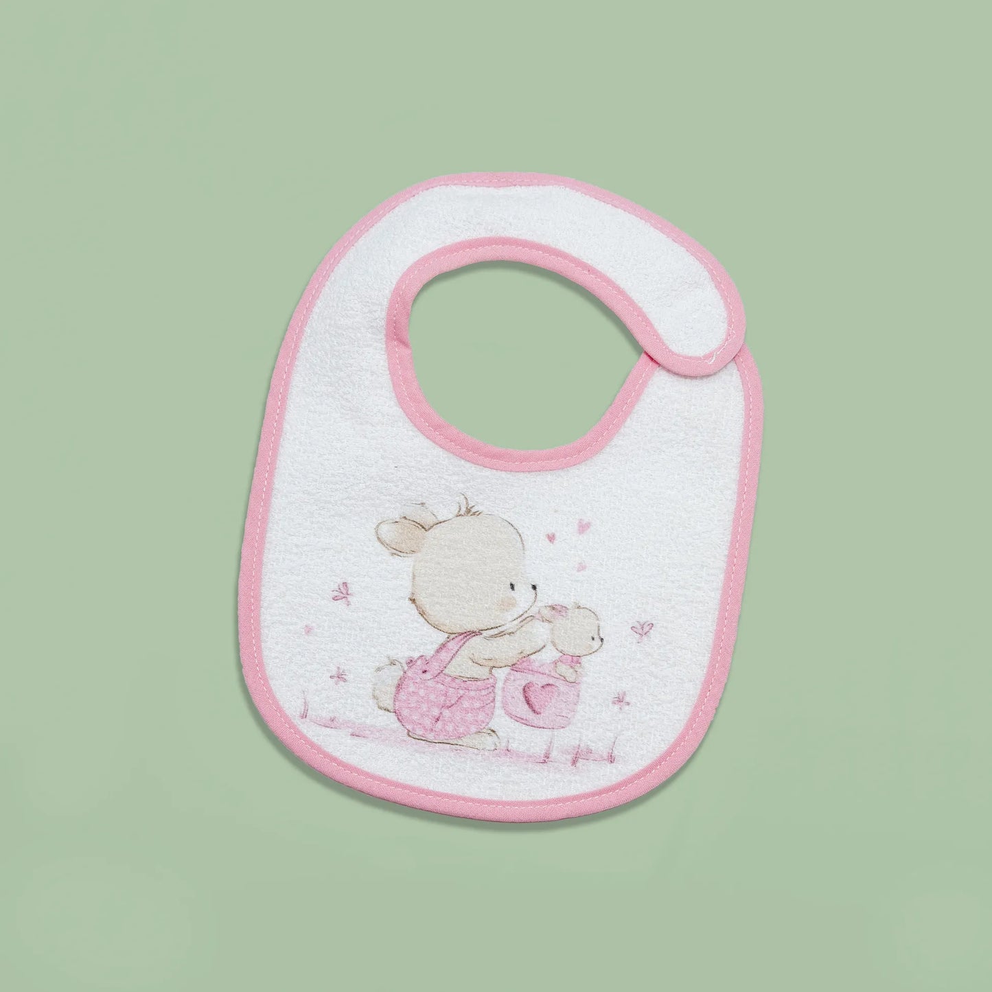 Babete impermeável com motivo coelhinho na cesta rosa