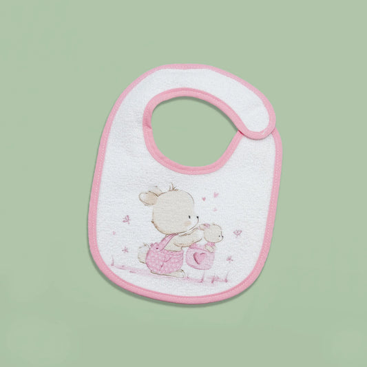 Babete impermeável com motivo coelhinho na cesta rosa