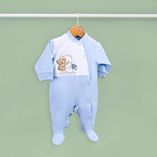 Babygrow de algodão com motivo ursinho às cavalitas azul