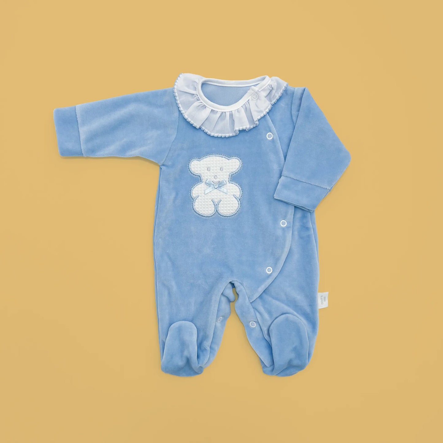 Babygrow com gola em folho e motivo ursinho waffle azul