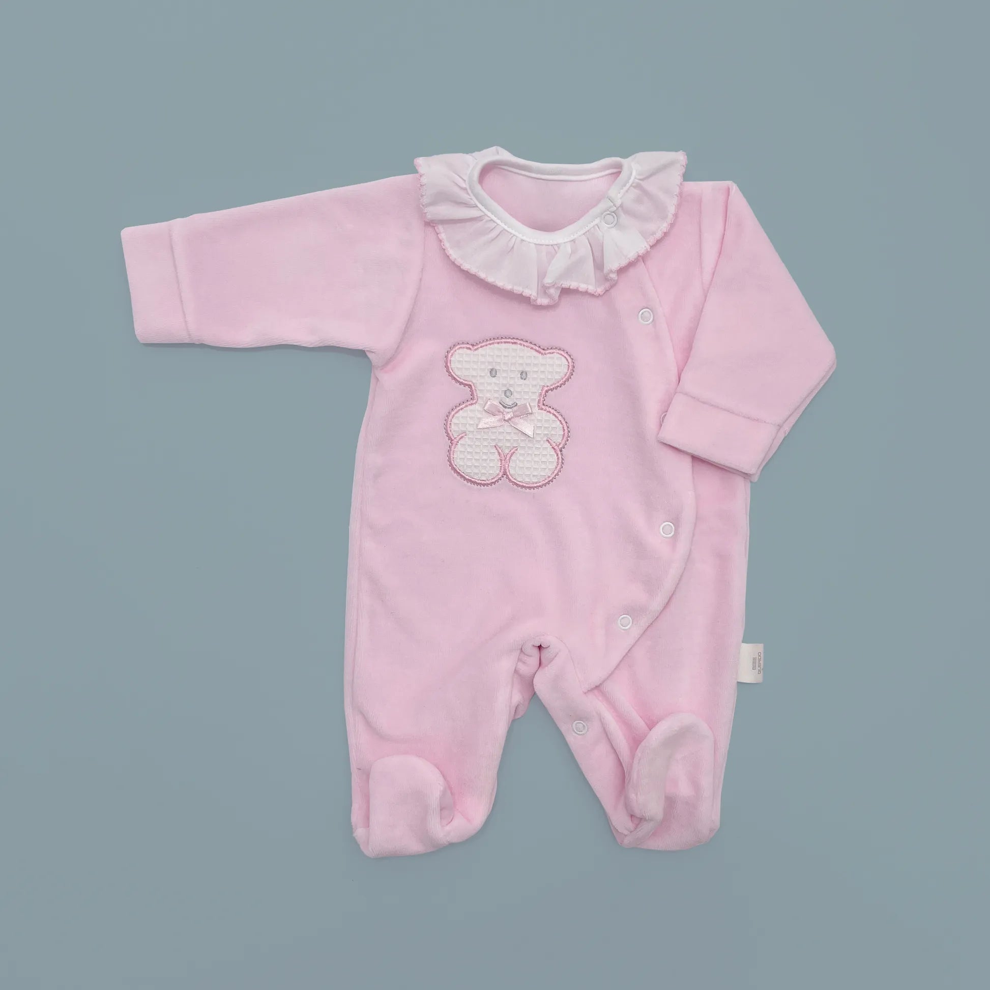 Babygrow com gola em folho e motivo ursinho waffle rosa