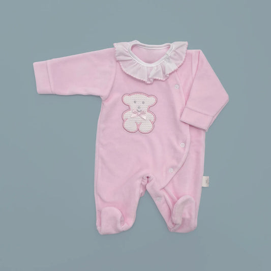 Babygrow com gola em folho e motivo ursinho waffle rosa