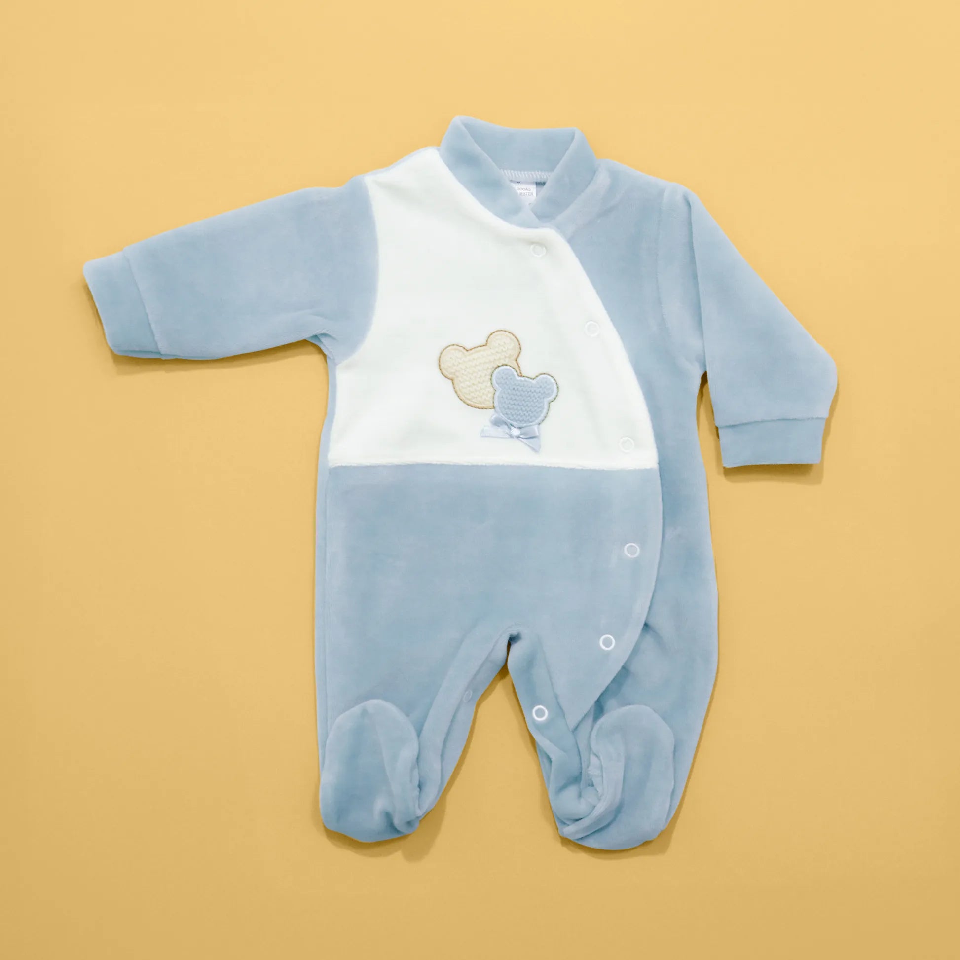 Babygrow com motivo ursinhos tricot e lacinho azul
