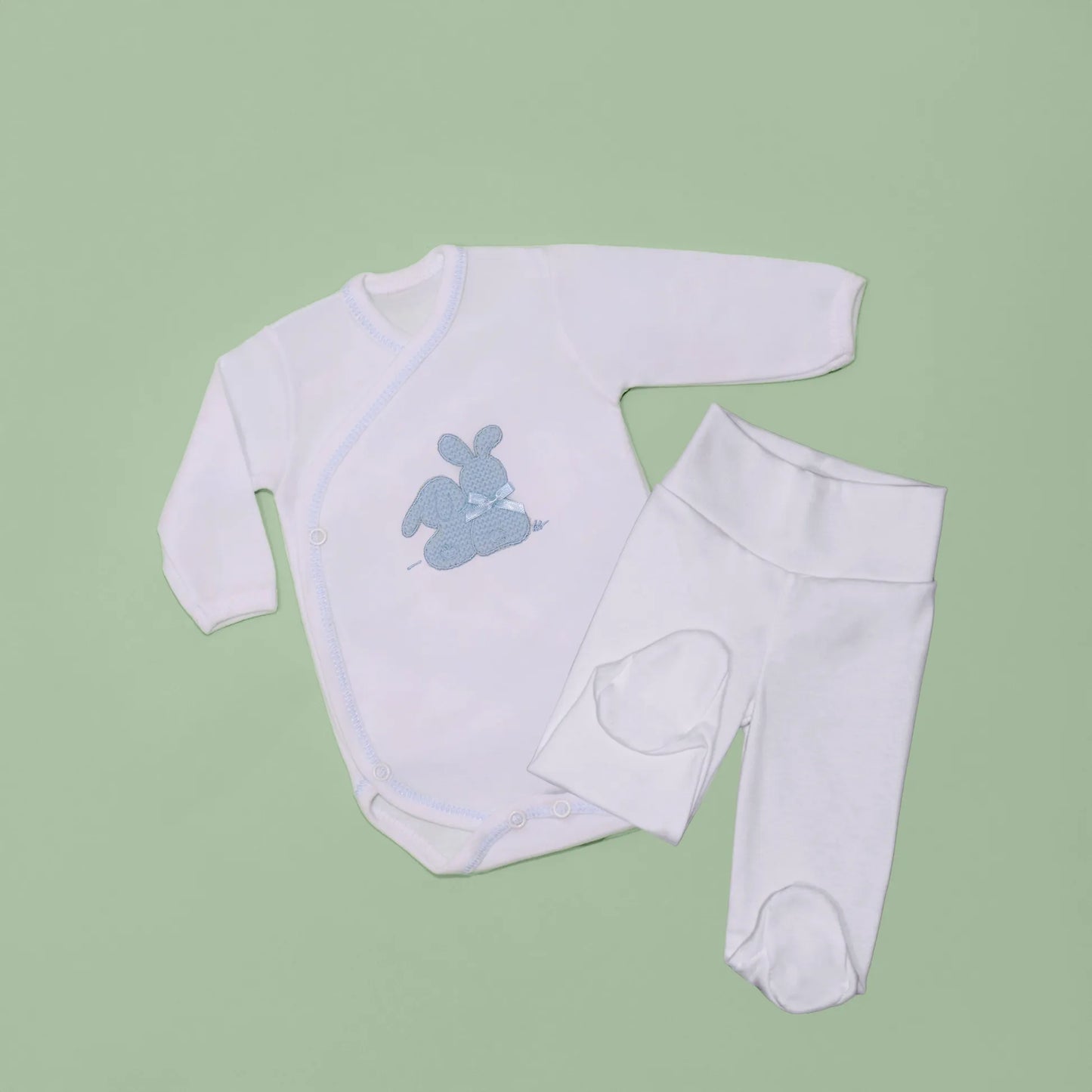 Body de trespasse com collant cardado com motivo coelhos tricot com lacinho azul