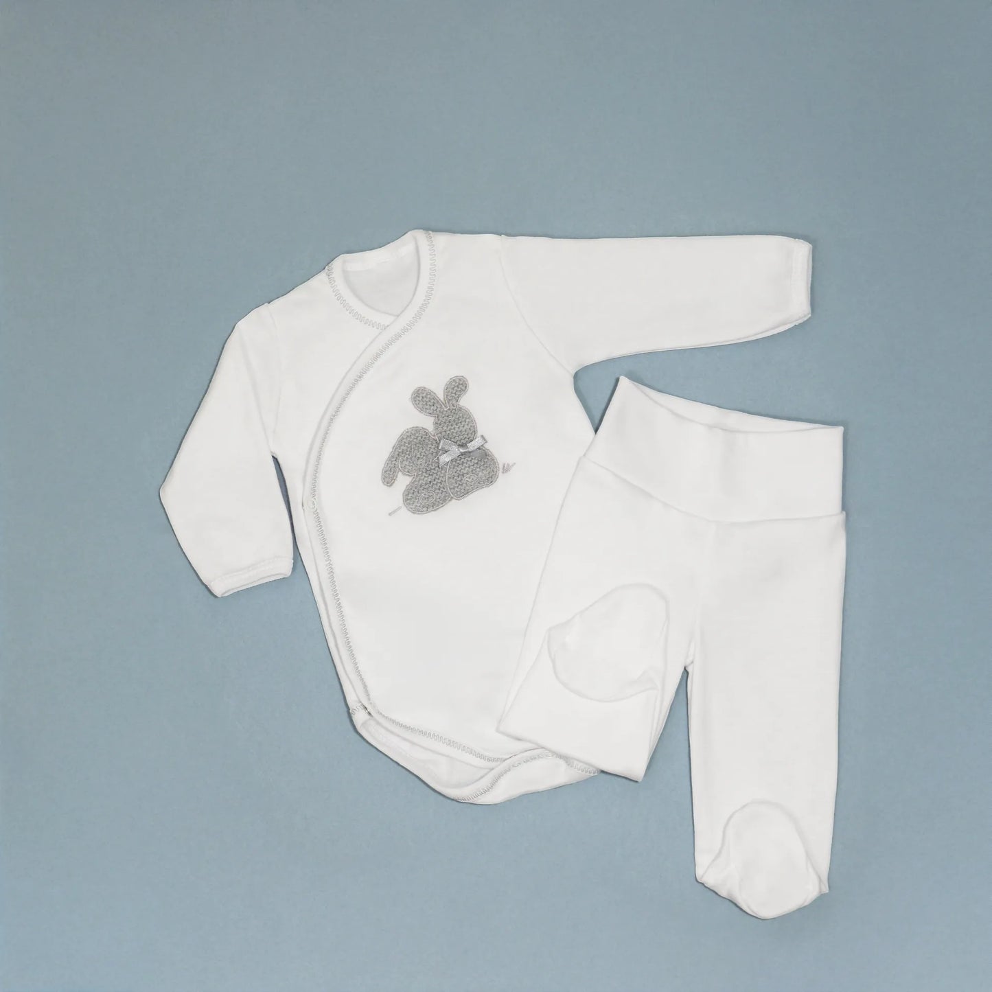 Body de trespasse com collant cardado com motivo coelhos tricot com lacinho cinza