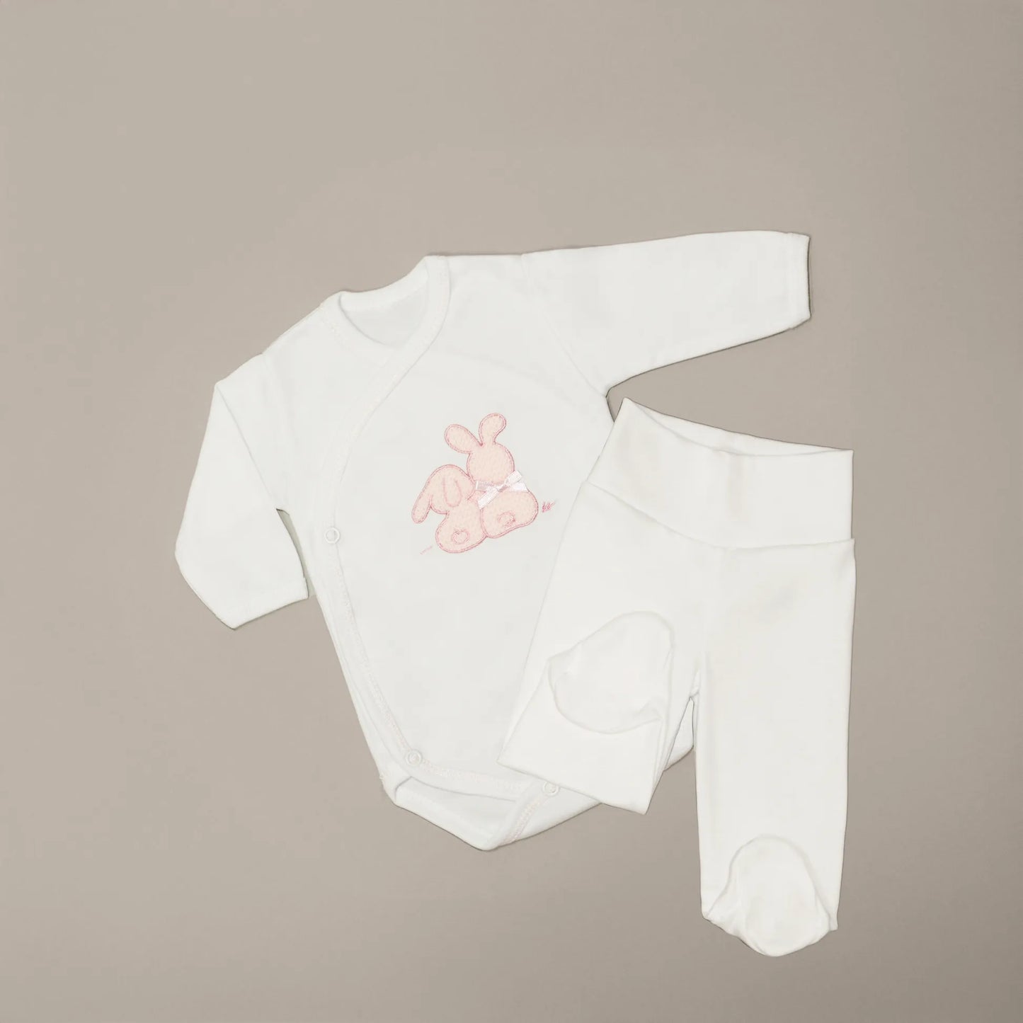 Body de trespasse com collant cardado com motivo coelhos tricot com lacinho rosa