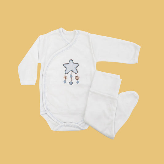 Body de trespasse com collant cardado com motivo estrelinhas branco com bordado azul