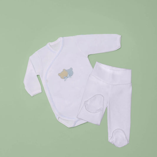 Body de trespasse com collant cardado com motivo ursinhos tricot e lacinho azul