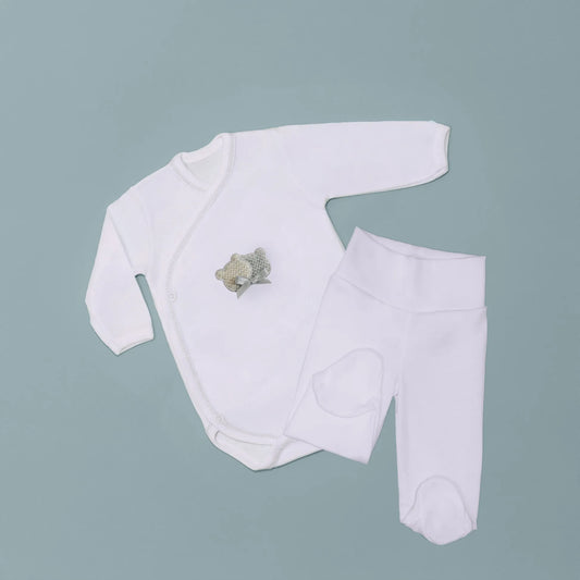 Body de trespasse com collant cardado com motivo ursinhos tricot e lacinho cinza