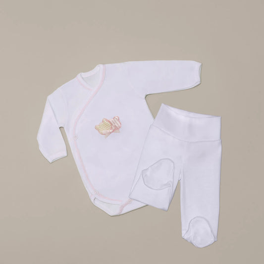 Body de trespasse com collant cardado com motivo ursinhos tricot e lacinho rosa