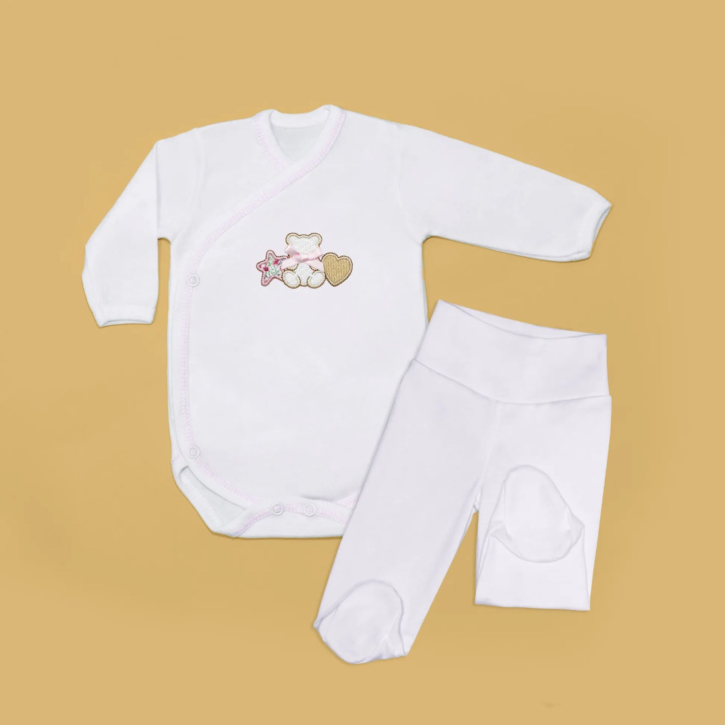 Body de trespasse com collant com motivo ursinho entre estrela e coração rosa