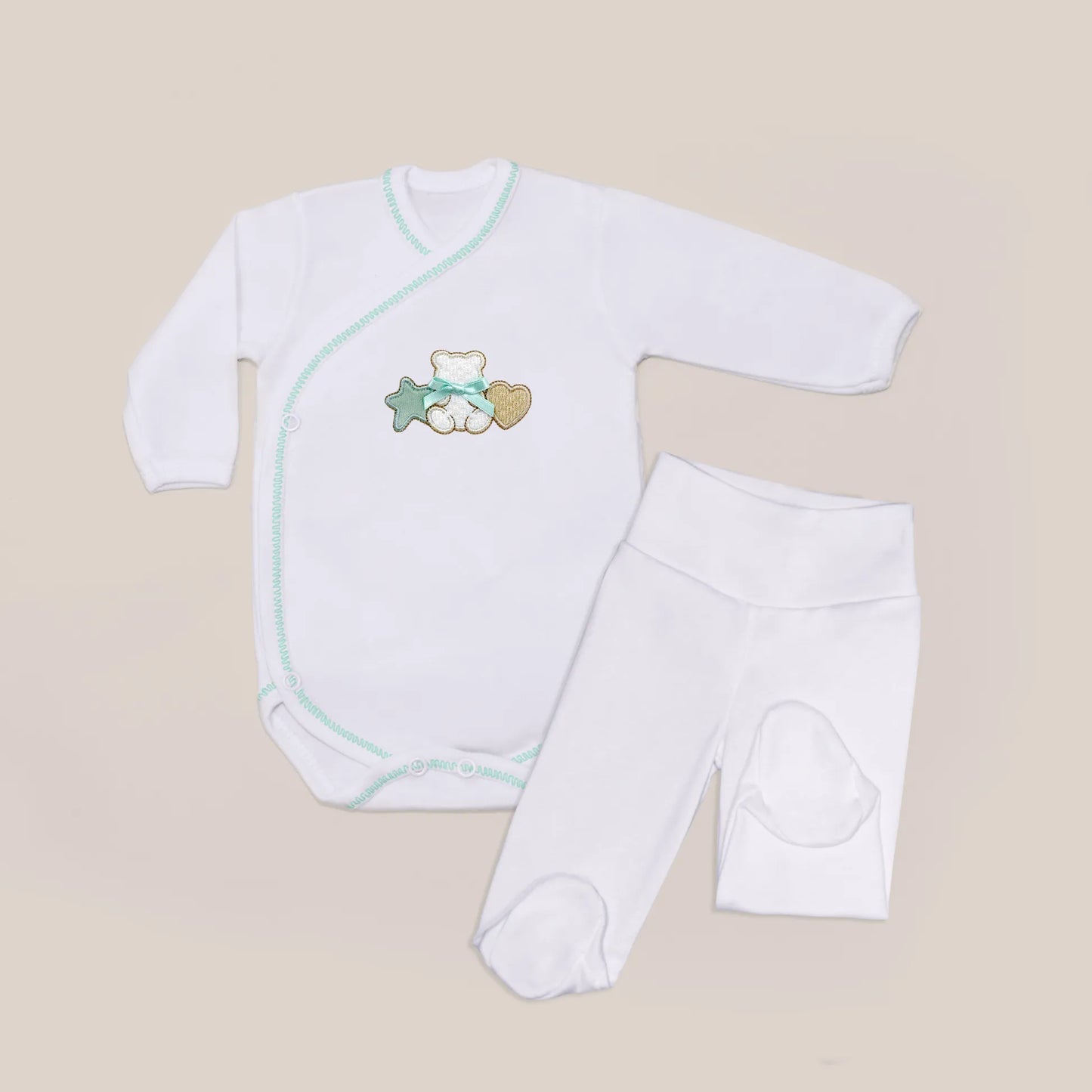 Body de trespasse com collant com motivo ursinho entre estrela e coração verde