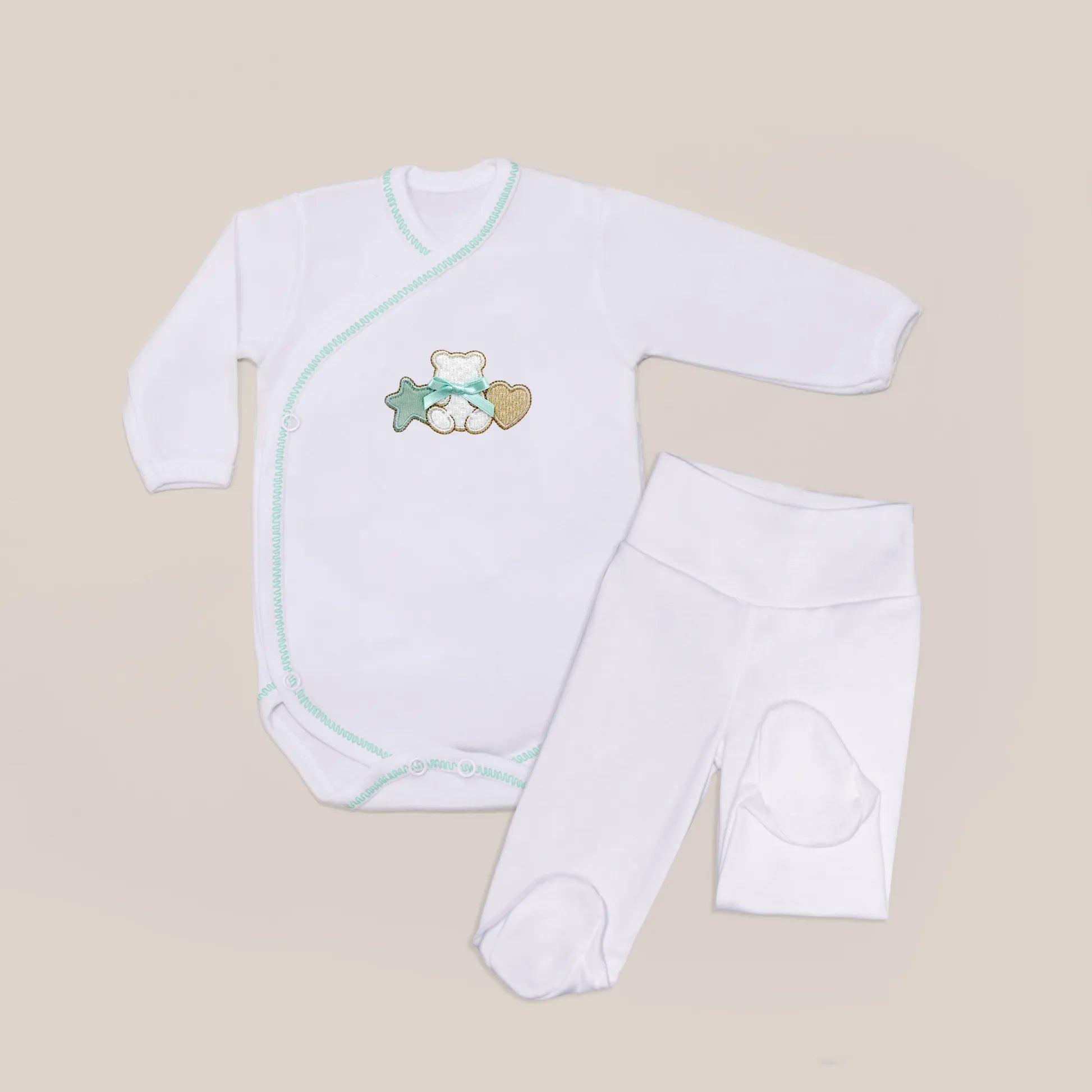 Body de trespasse com collant com motivo ursinho entre estrela e coração verde