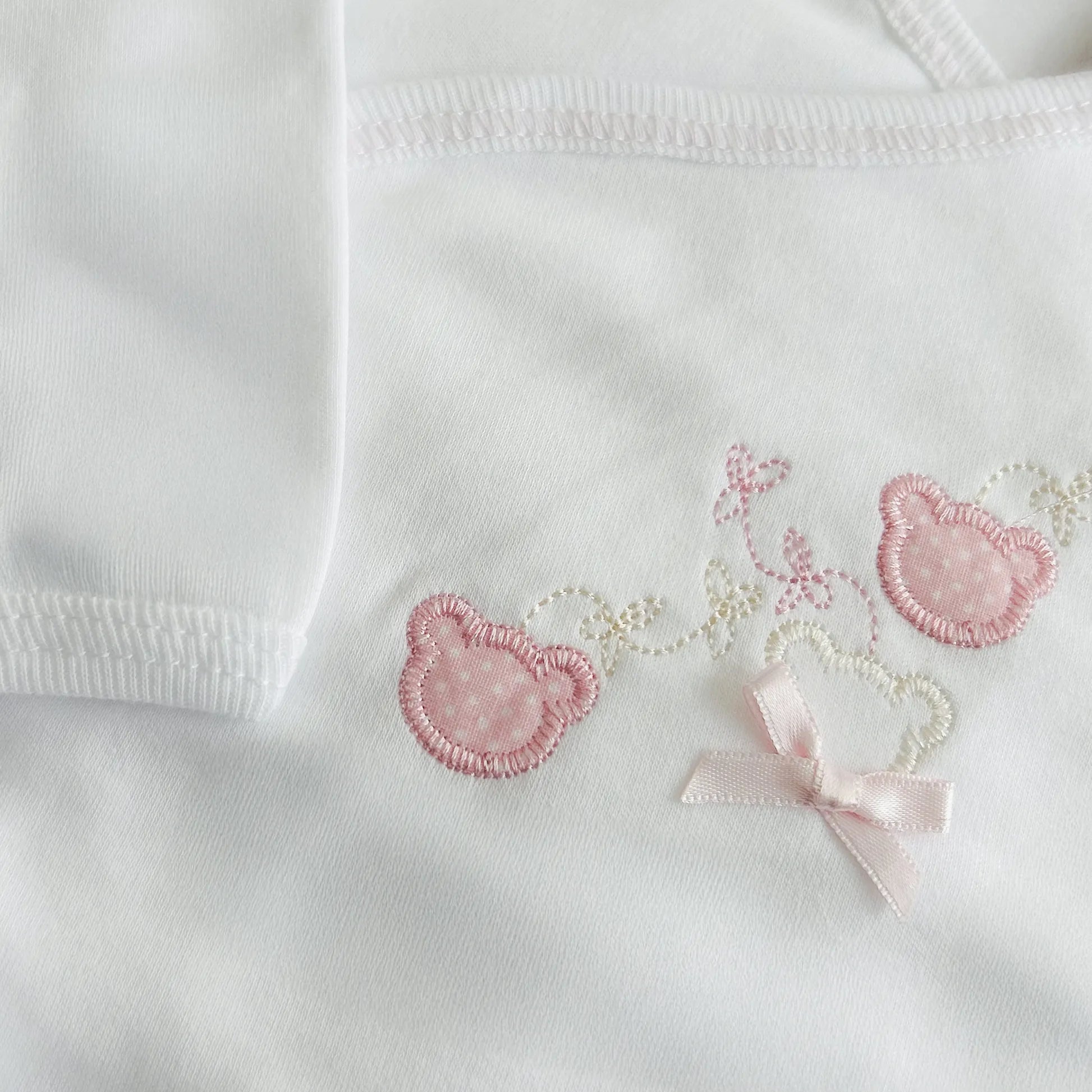 Pormenor de body de trespasse com collant com motivo ursinhos com pintas rosa