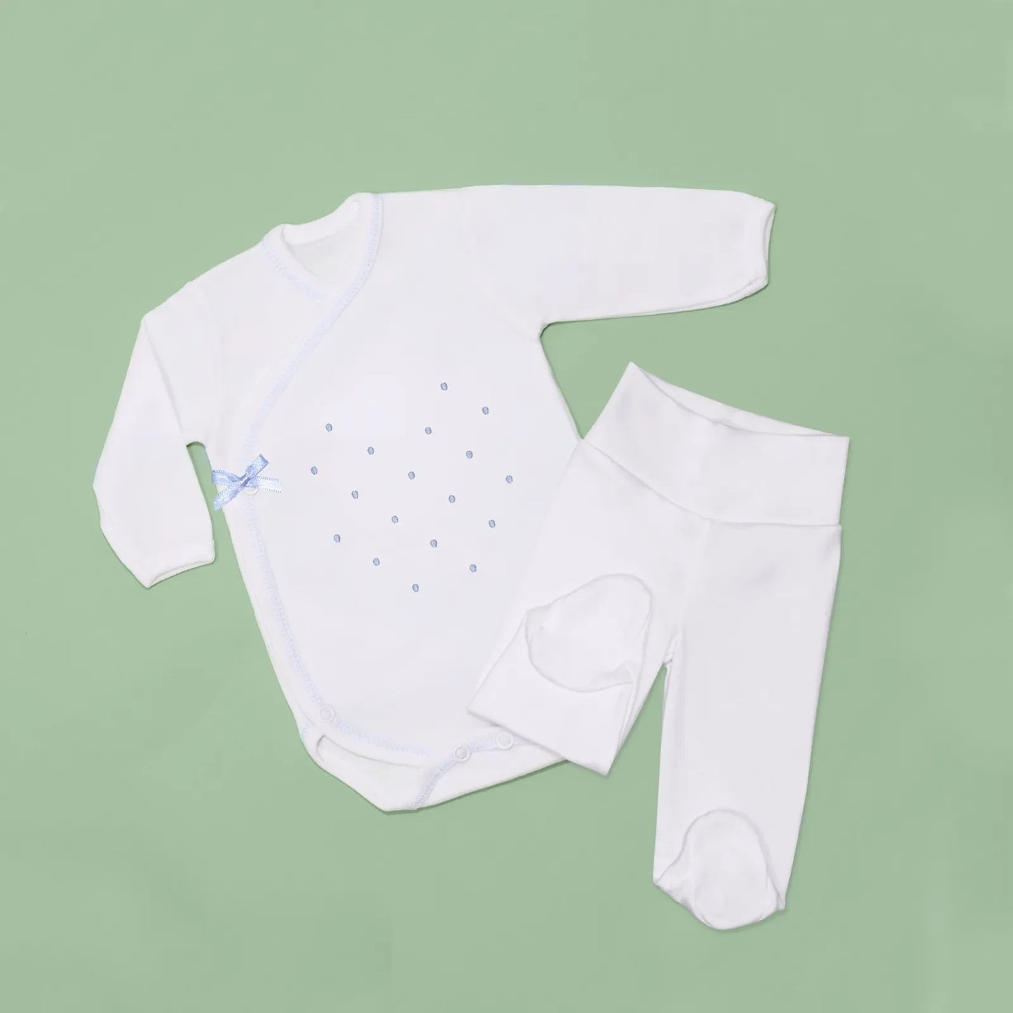 Body de trespasse com collants com bordado pintas azul