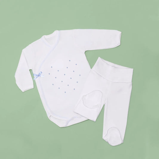 Body de trespasse com collants com bordado pintas azul