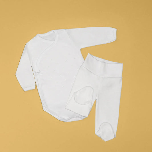 Body de trespasse com collants com bordado pintas branco