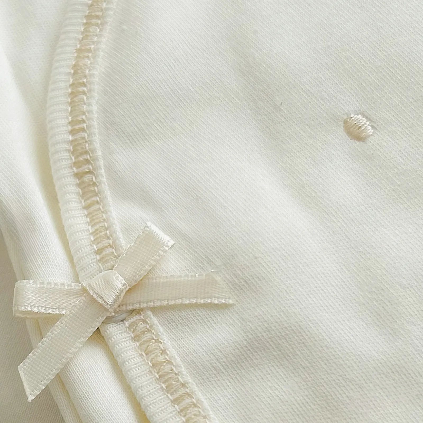 Pormenor de body de trespasse com collants pérola com bordado pintas