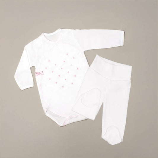 Body de trespasse com collants com bordado pintas rosa