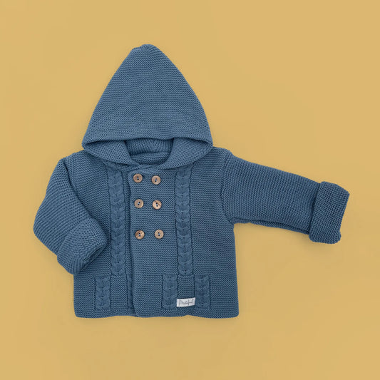 Casaco de malha com capuz com pormenores entrançados na frente cobalto