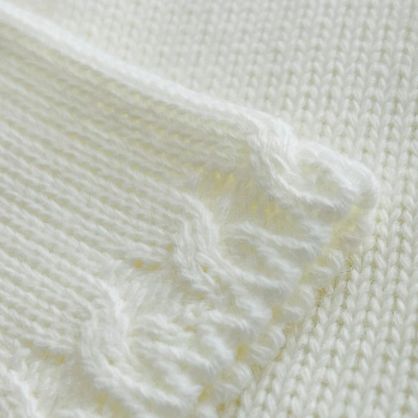 Pormenor de casaco em tricot com pormenores trabalhados nas extremidades pérola