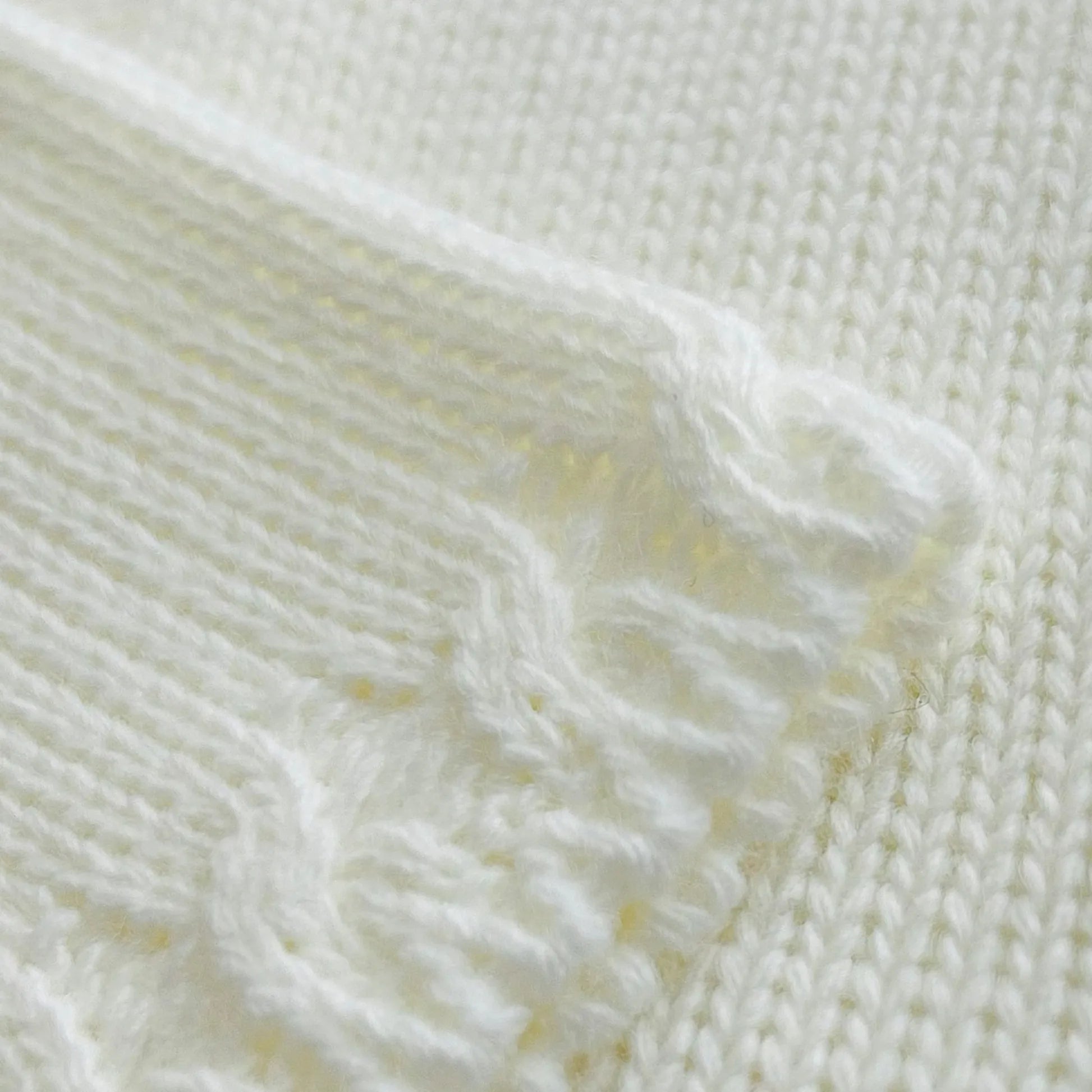 Pormenor de casaco em tricot com pormenores trabalhados nas extremidades pérola