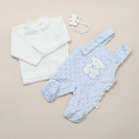 Conjunto de jardineiras e camisola cardada com motivo ursinho waffle azul