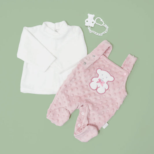 Conjunto de jardineiras e camisola cardada com motivo ursinho waffle rosa