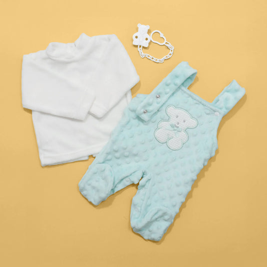 Conjunto de jardineiras e camisola cardada com motivo ursinho waffle verde-água