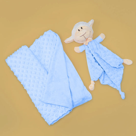 Conjunto de manta e doudou ovelha com detalhes em relevo azul