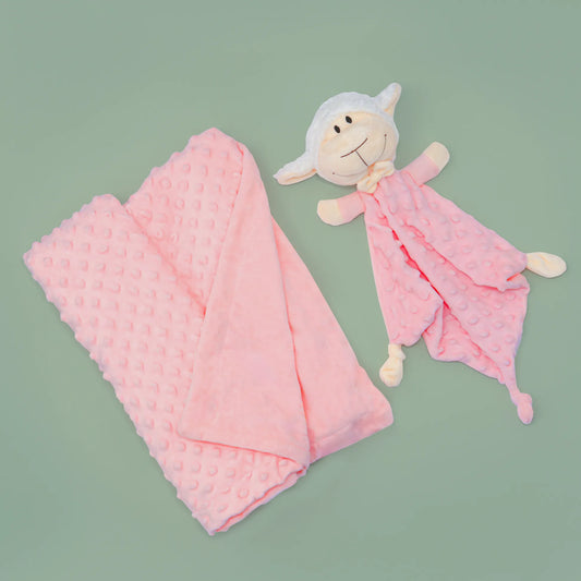 Conjunto de manta e doudou ovelha com detalhes em relevo rosa