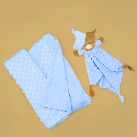 Conjunto de manta e doudou ursinho com detalhes em relevo azul