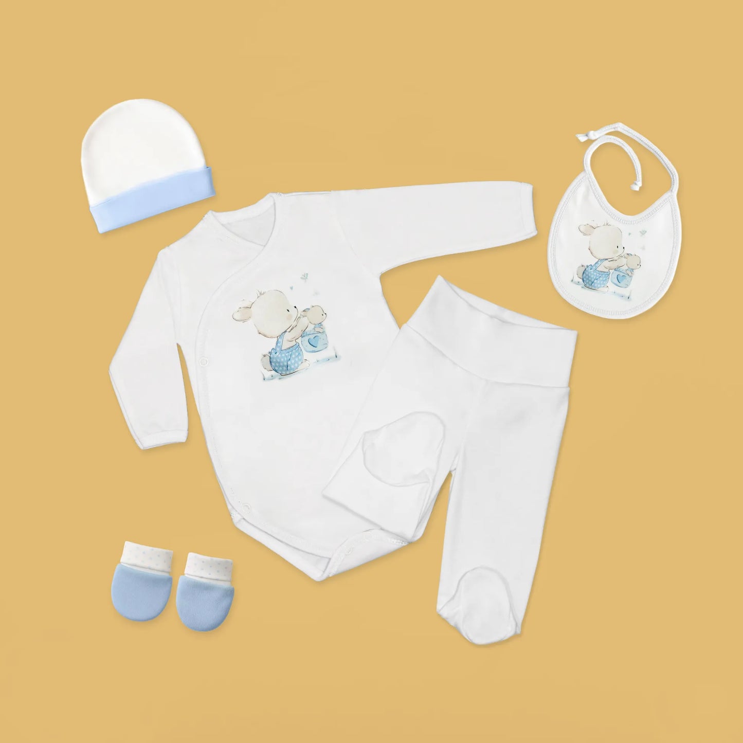 Conjunto de primeira roupinha com motivo coelhinho na cesta azul