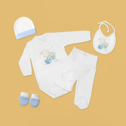 Conjunto de primeira roupinha com motivo coelhinho na cesta azul