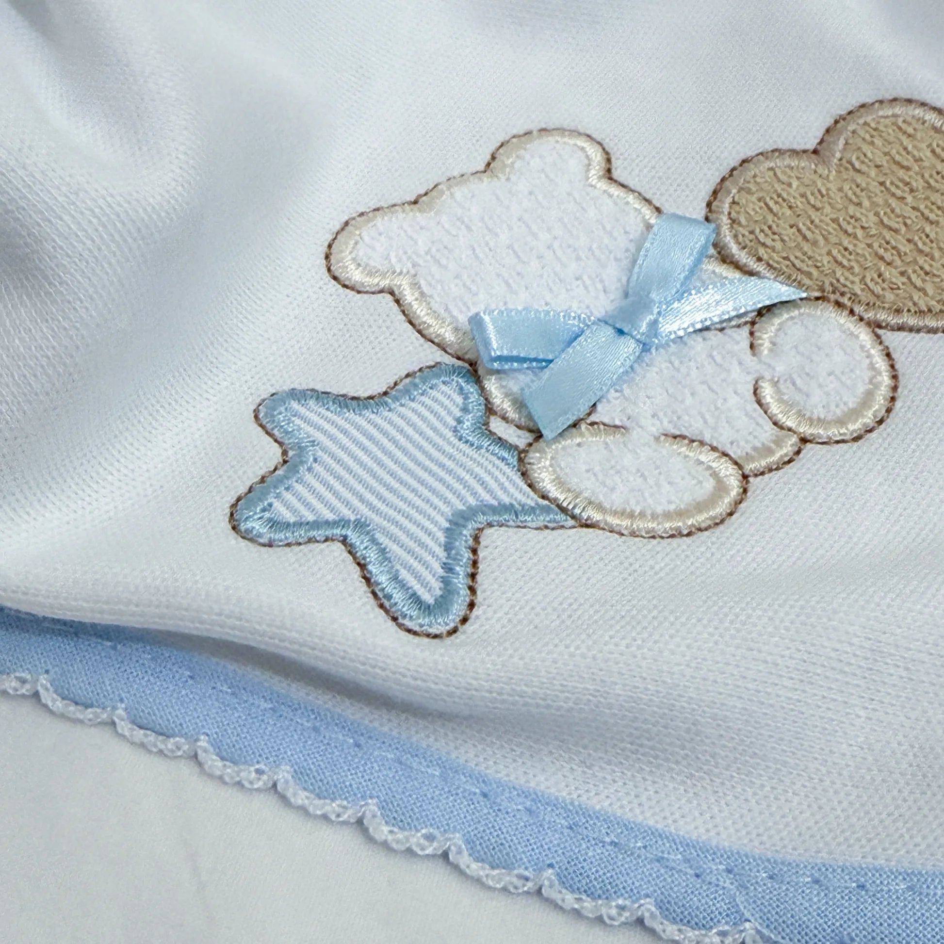 Pormenor de fralda com motivo ursinho entre estrela e coração azul