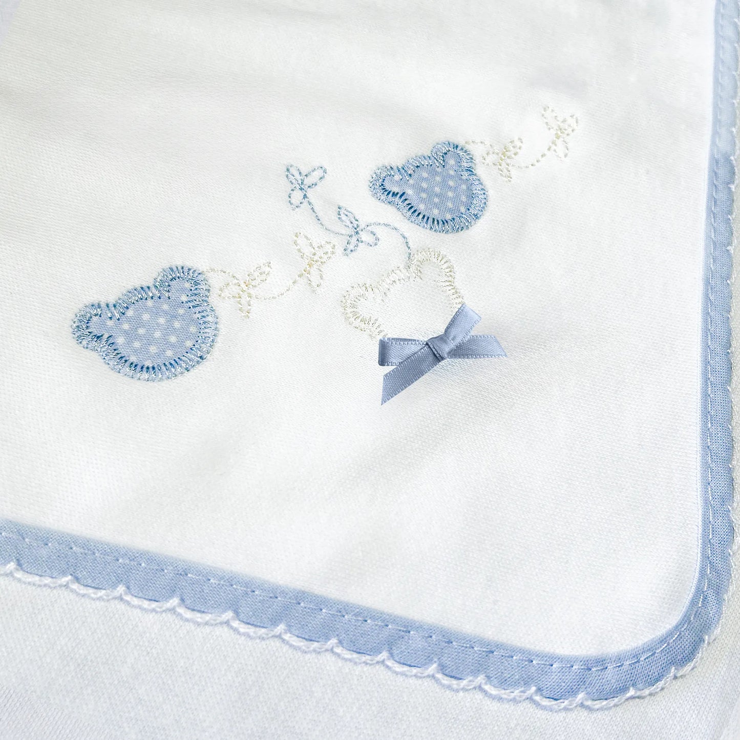 Pormenor de fralda com motivo ursinhos com pintas azul