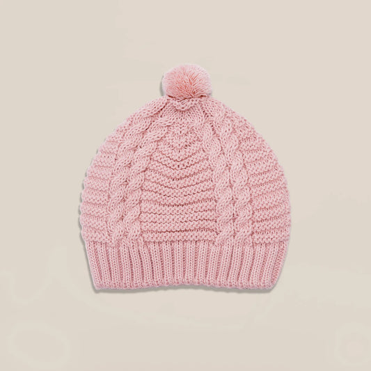 Gorro de malha tricotada com pompom rosa
