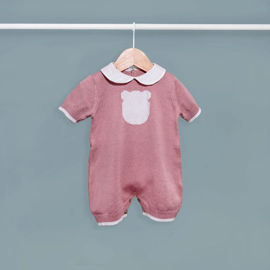 Macacão em malha com gola Peter Pan e motivo ursinho rosa