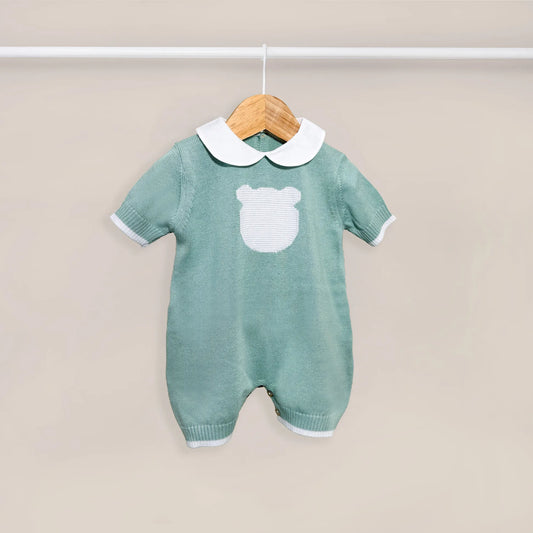 Macacão em malha com gola Peter Pan e motivo ursinho verde