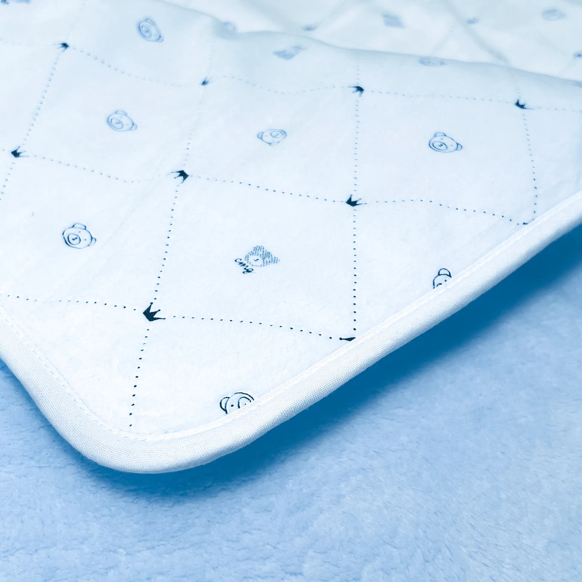 Pormenor de manta dupla face com estampado de ursinhos e losangos de um lado azul