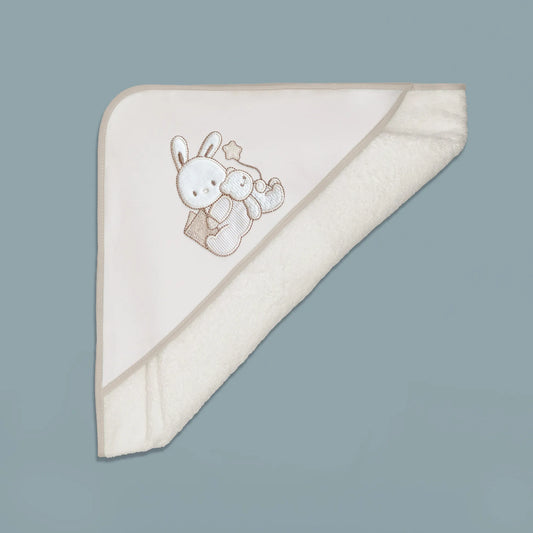 Toalha com motivo coelhinho e ursinho com livro pérola