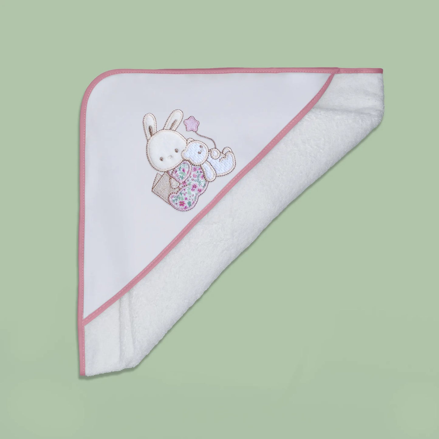 Toalha com motivo coelhinho e ursinho com livro rosa