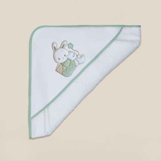 Toalha com motivo coelhinho e ursinho com livro verde