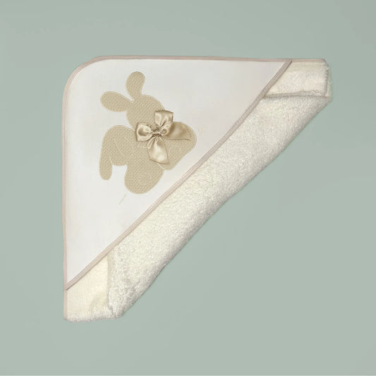 Toalha com motivo coelhos tricot com laço bege