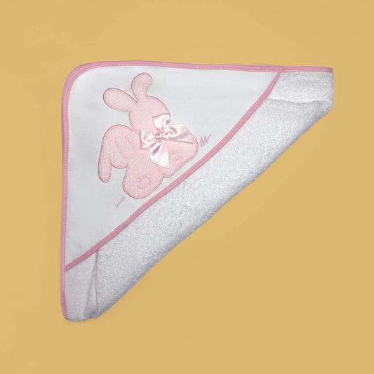 Toalha com motivo coelhos tricot com laço rosa