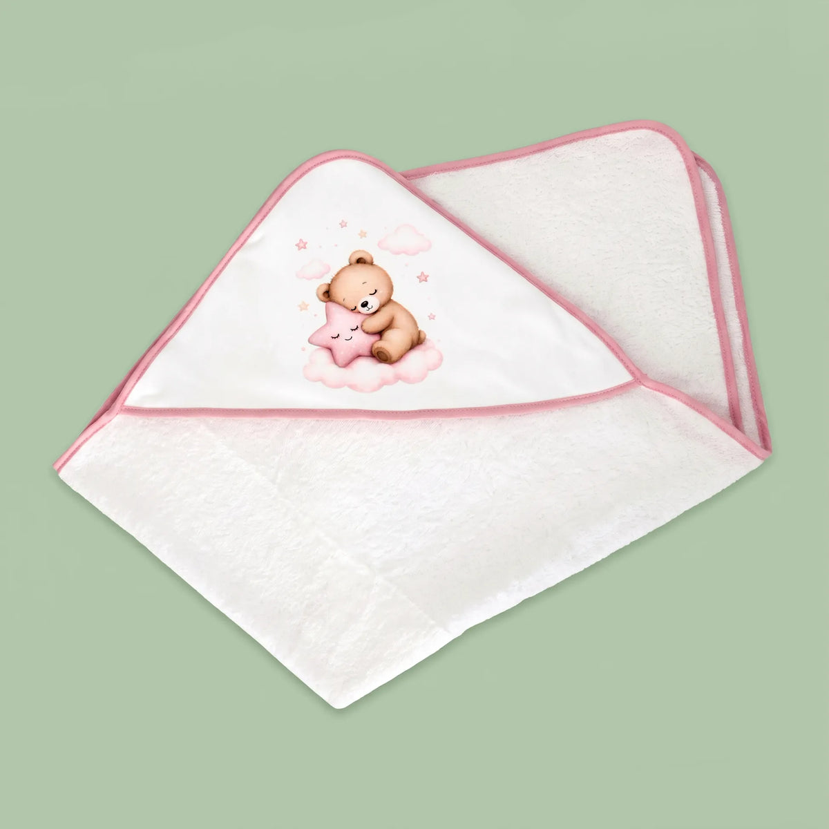 Toalha com motivo ursinho e estrela na nuvem rosa