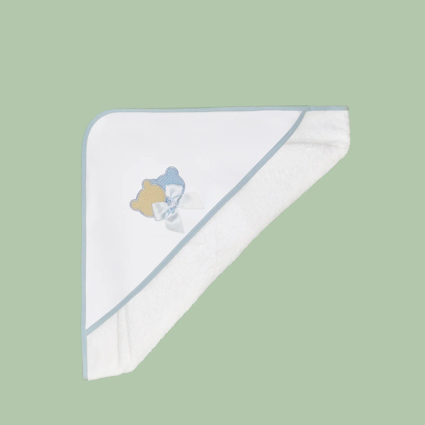 Toalha com motivo ursinhos tricot e laço azul