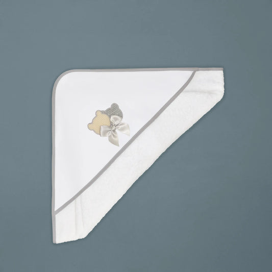 Toalha com motivo ursinhos tricot e laço cinza